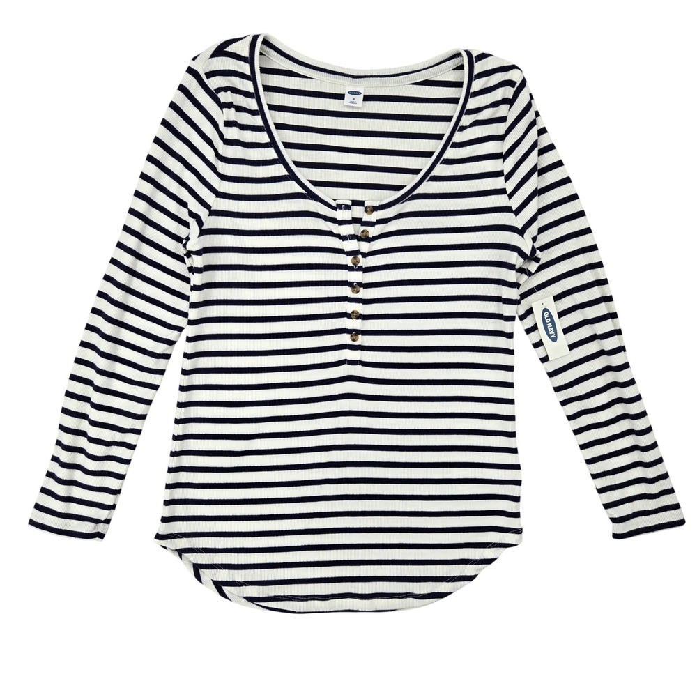 Old Navy NWT Medium Striped Henley Top Womens Nautical Preppy Ribbed Shirt